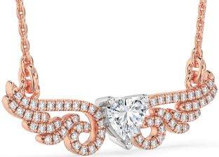 Large Diamond Rose Gold Silver Heart Wings Necklace