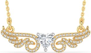 Large Diamond White Yellow Gold Heart Wings Necklace