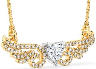 Large Diamond White Yellow Gold Heart Wings Necklace
