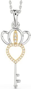 Large Diamond Silver & 10K gold Heart Crown Necklace