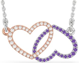Large Diamond & Amethyst White Rose Gold Heart Necklace
