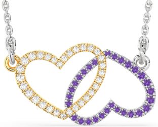 Large Diamond & Amethyst Silver & 10K gold Heart Necklace