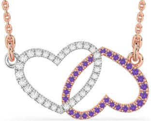 Large Diamond & Amethyst White Rose Gold Heart Necklace