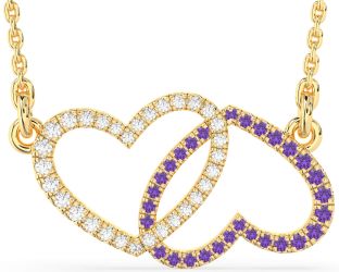 Large Diamond & Amethyst Gold Heart Necklace