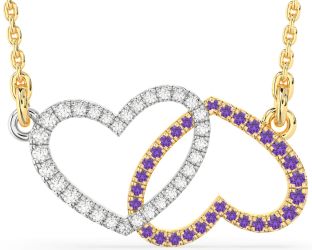 Large Diamond & Amethyst White Yellow Gold Heart Necklace