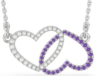Large Diamond & Amethyst Platinum Heart Necklace