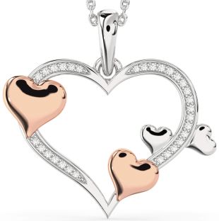 Large Diamond Silver & 10K Rose Gold Heart Necklace