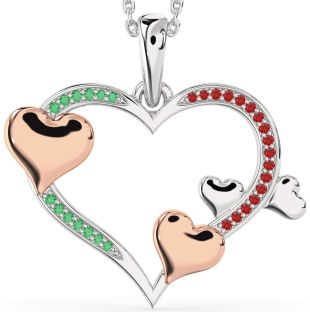 Large Emerald & Ruby Rose Gold Silver Heart Necklace