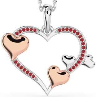Large Ruby Rose Gold Silver Heart Necklace