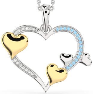Large Diamond & Aquamarine Silver & 10K gold Heart Necklace