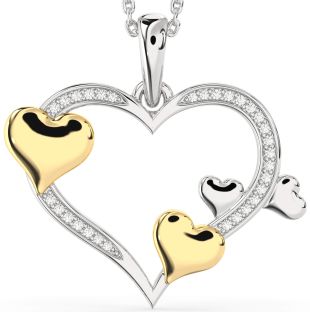 Large Diamond Silver & 10K gold Heart Necklace