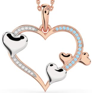 Large Diamond & Aquamarine White Rose Gold Heart Necklace