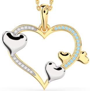 Large Diamond & Aquamarine Gold Silver Heart Necklace