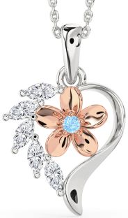 Diamond & Aquamarine Platinum & Rose Gold Heart Flower Necklace