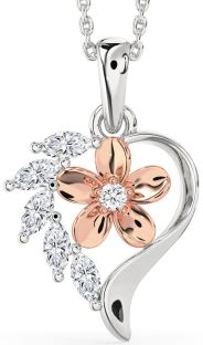 Diamond Silver & 10K Rose Gold Heart Flower Necklace