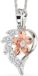 Diamond Silver & 10K Rose Gold Heart Flower Necklace