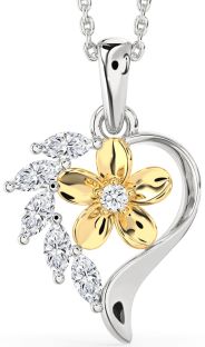 Diamond Silver & 10K gold Heart Flower Necklace