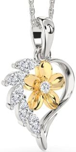 Diamond Silver & 10K gold Heart Flower Necklace