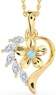Diamond & Aquamarine Gold Heart Flower Necklace