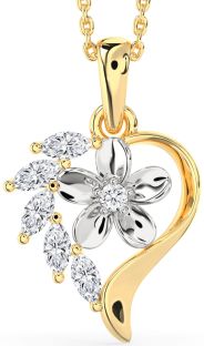 Diamond White Yellow Gold Heart Flower Necklace