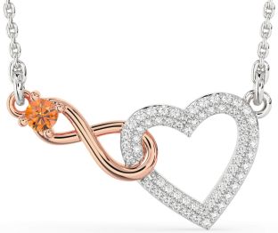 Large Diamond & Citrine Platinum & Rose Gold Heart Infinity Interlock Necklace