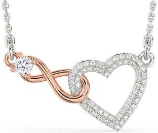 Large Diamond Silver & 10K Rose Gold Heart Infinity Interlock Necklace