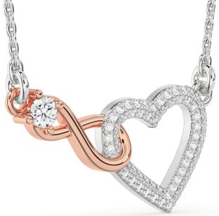 Large Diamond Silver & 10K Rose Gold Heart Infinity Interlock Necklace