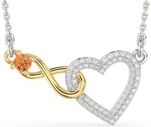 Large Diamond & Citrine Platinum & Yellow Gold Heart Infinity Interlock Necklace