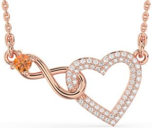 Large Diamond & Citrine Rose Gold Heart Infinity Interlock Necklace