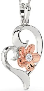 Diamond Silver & 10K Rose Gold Heart Flower Necklace