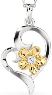 Diamond Silver & 10K gold Heart Flower Necklace