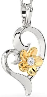 Diamond Silver & 10K gold Heart Flower Necklace