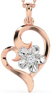 Diamond Rose Gold Silver Heart Flower Necklace