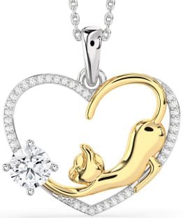 Large Diamond Silver & 10K gold Heart Cat Animals Necklace