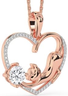 Large Diamond Rose Gold Heart Cat Necklace