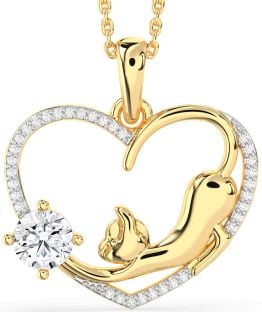 Large Diamond Gold Heart Cat Animals Necklace