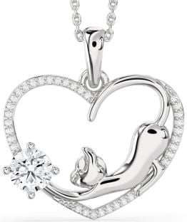 Large Diamond White Gold Heart Cat Animals Necklace