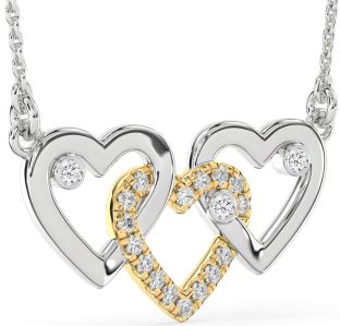 Large Diamond Silver & 10K gold Heart Necklace
