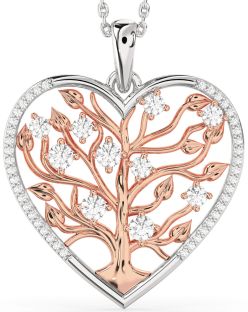 Large Diamond Platinum & Rose Gold Heart Tree Of Life Necklace