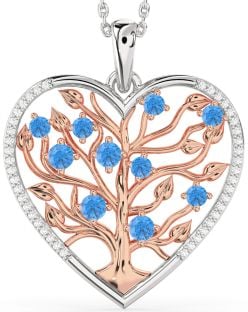 Large Diamond & Swiss Blue Topaz Platinum & Rose Gold Heart Tree Of Life Necklace
