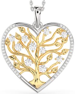 Large Diamond Silver & 10K gold Heart Tree Of Life Necklace