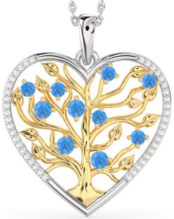 Large Diamond & Swiss Blue Topaz Platinum & Yellow Gold Heart Tree Of Life Necklace