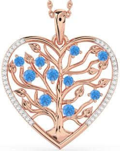 Large Diamond & Swiss Blue Topaz Rose Gold Heart Tree Of Life Necklace