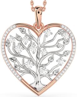 Large Diamond Platinum & Rose Gold Heart Tree Of Life Necklace