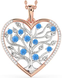 Large Diamond & Swiss Blue Topaz Platinum & Rose Gold Heart Tree Of Life Necklace