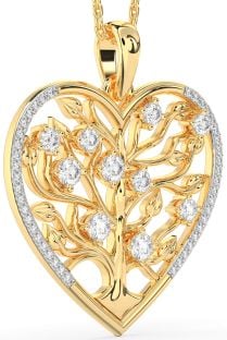 Large Diamond Gold Heart Tree Of Life Necklace