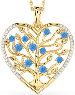 Large Diamond & Swiss Blue Topaz Gold Heart Tree Of Life Necklace