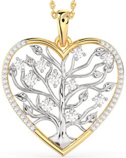 Large Diamond White Yellow Gold Heart Tree Of Life Necklace