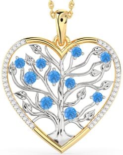 Large Diamond & Swiss Blue Topaz Platinum & Yellow Gold Heart Tree Of Life Necklace