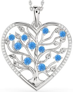 Large Diamond & Swiss Blue Topaz Platinum Heart Tree Of Life Necklace